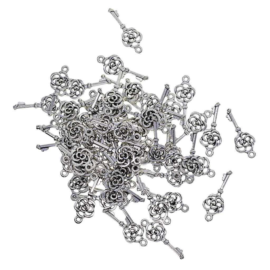 50 Anqitue Silver Filigree Flower Keys Charms Pendant for DIY Jewelry Making 27x11mm silver