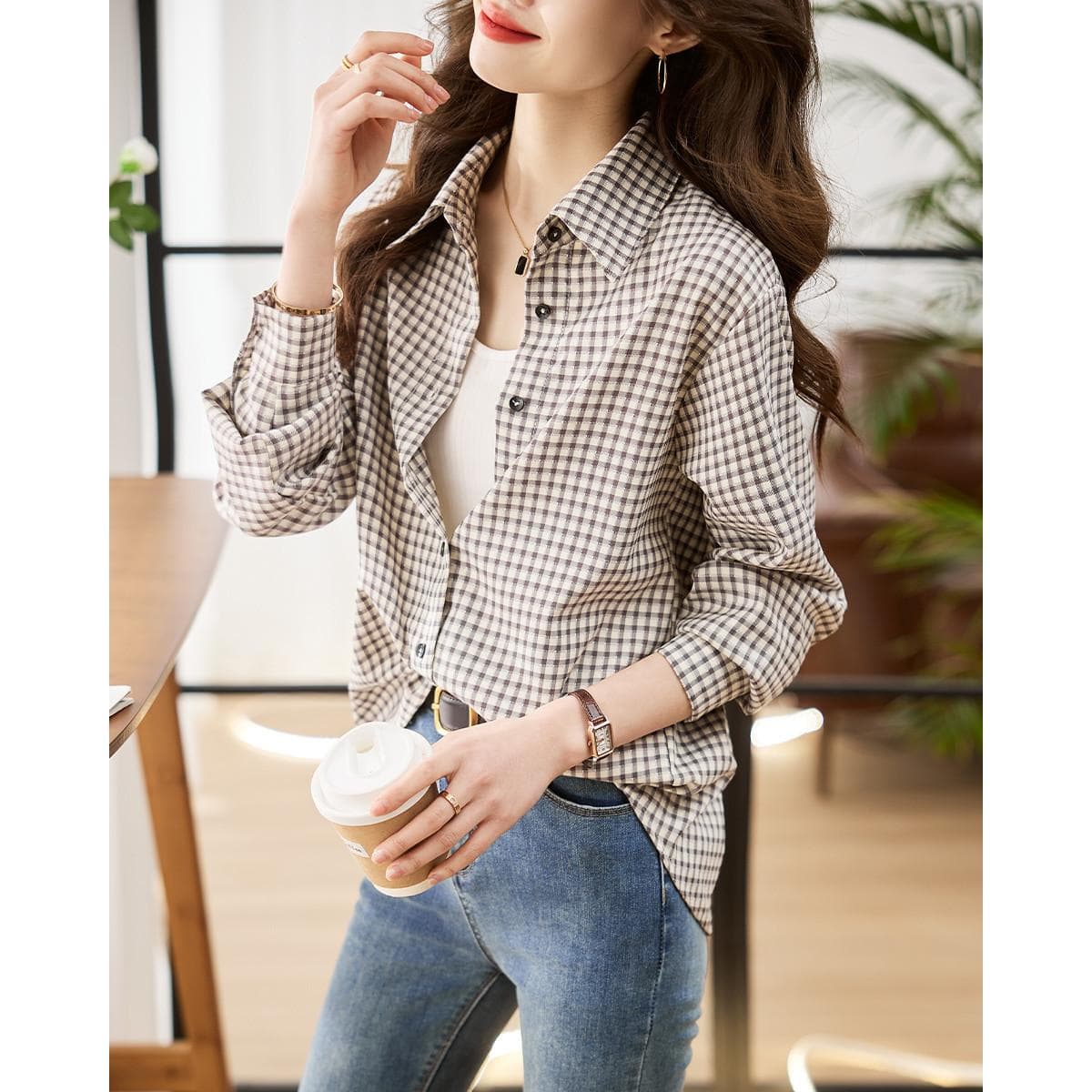 Autumn Plaid Fashion Korean Version Casual Loose Bottoming Long-sleeved Top New Coat Shirt Shirt 2XL