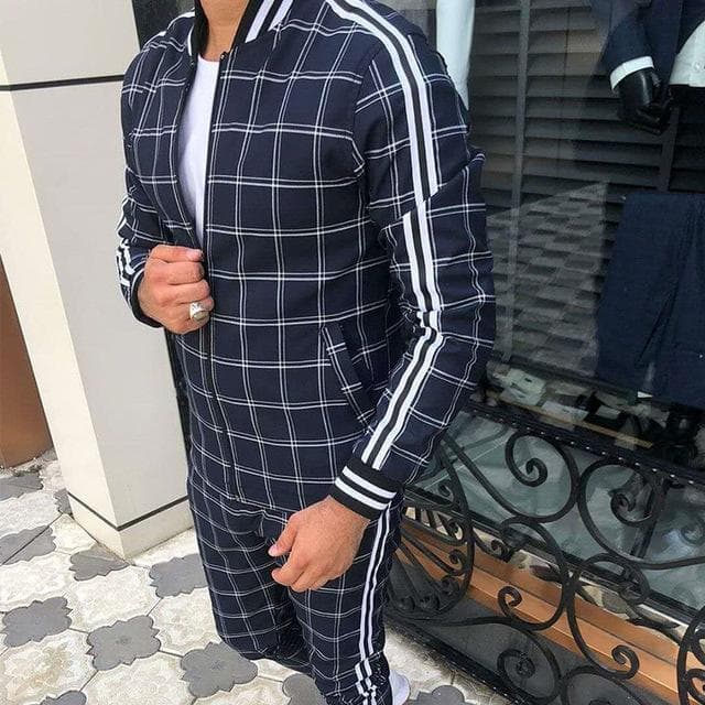 New Gentleman Plaid Men's Tracksuit Sets Casual Zipper Jacket Coat Sports Suit High Quality 3D Print Fashion 2-Piece Men Clothes XXL