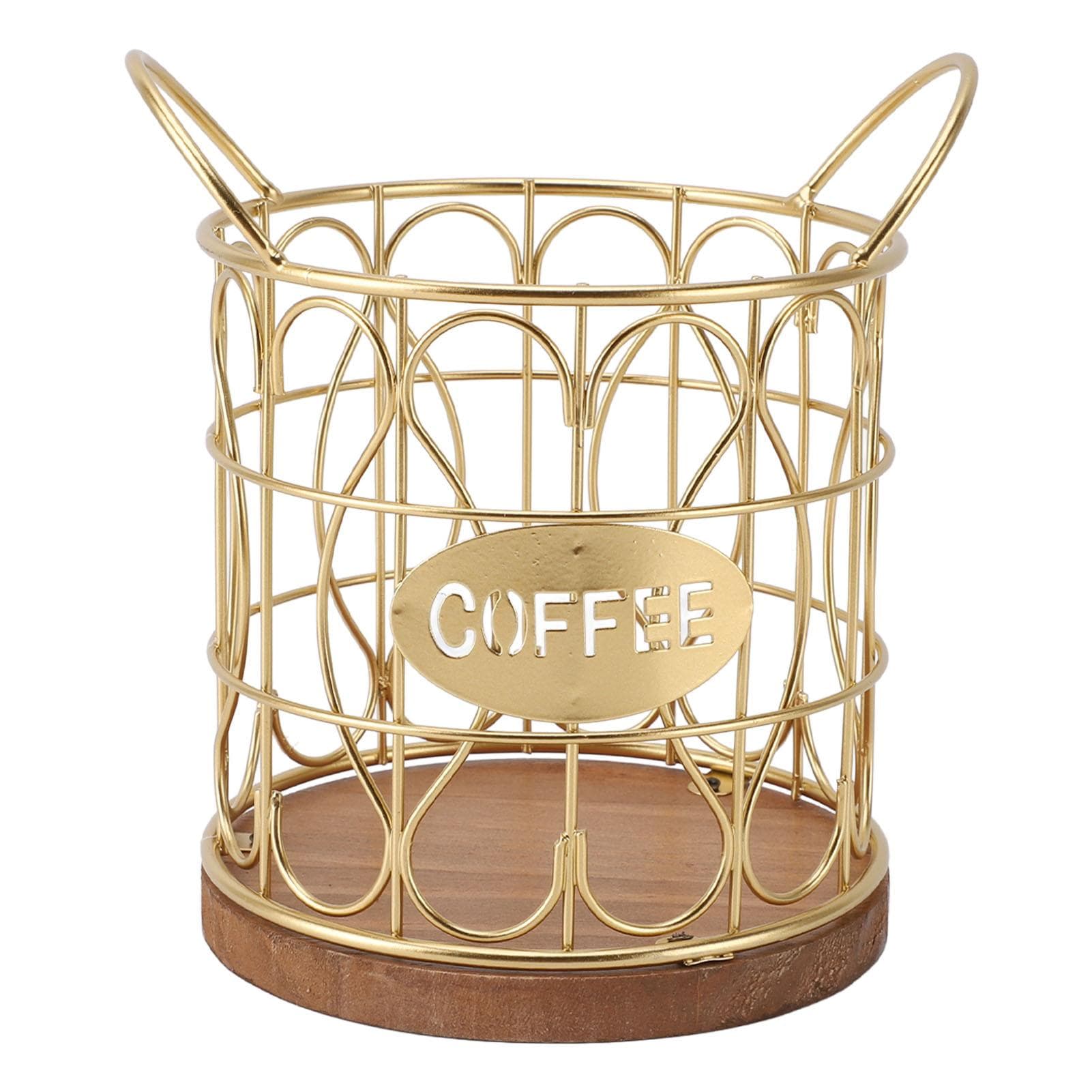 Coffee Pod Basket Decorative Round Wire Coffee Capsule Holder with Wooden Base for Cafe Kitchen Gold