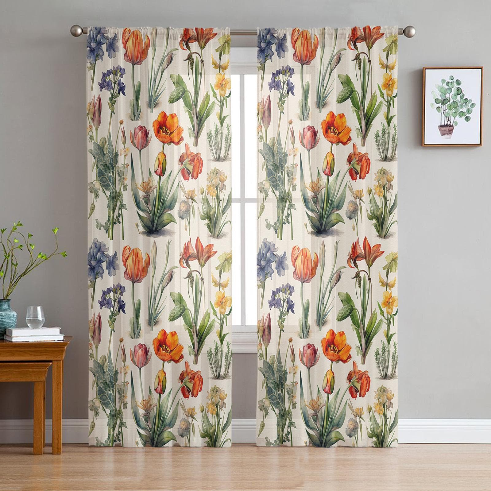 Flower Leaves And Flower Buds Voile Sheer Curtains Living Room Window Chiffon Tulle Curtain Kitchen Bedroom Drapes Home Decor 135W x 114H(cm)