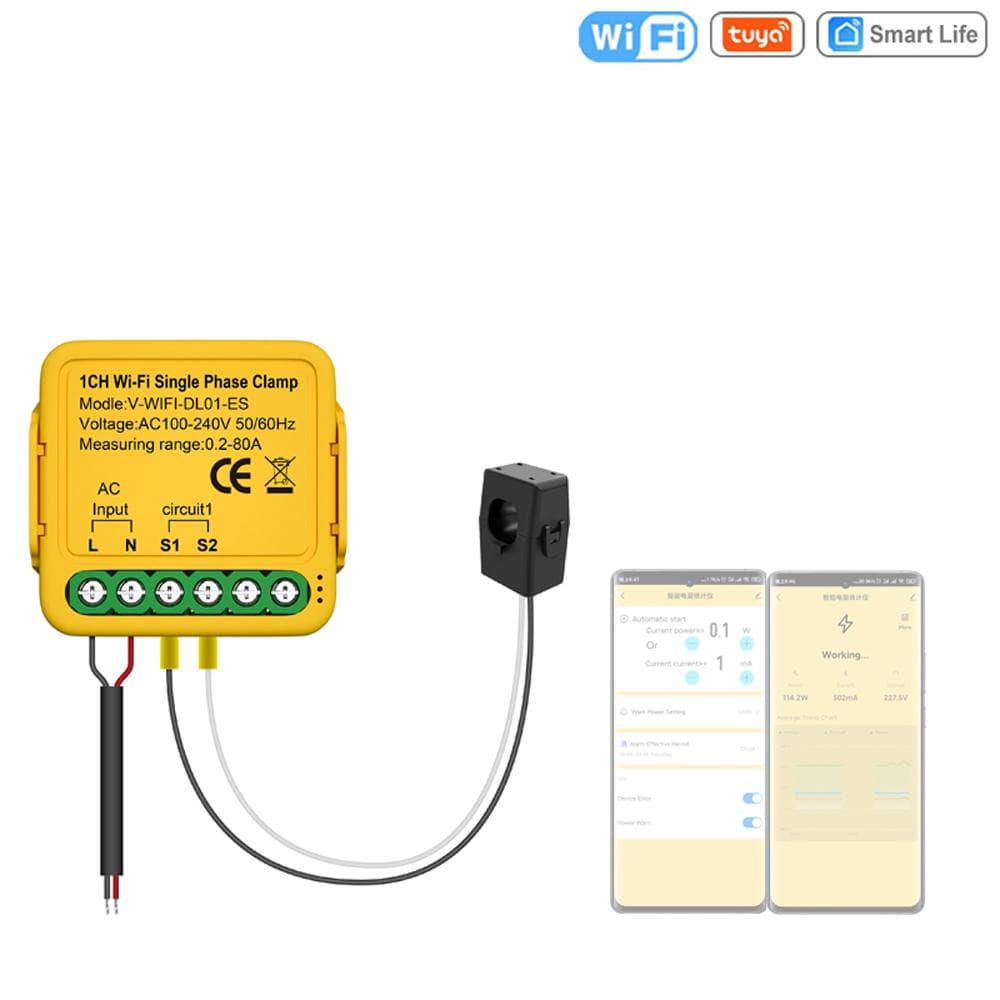 Tuya WiFi Onoff Controller 80A Energy Meter Current Transformer Clamp KWh Power Monitor 1CH multicolour