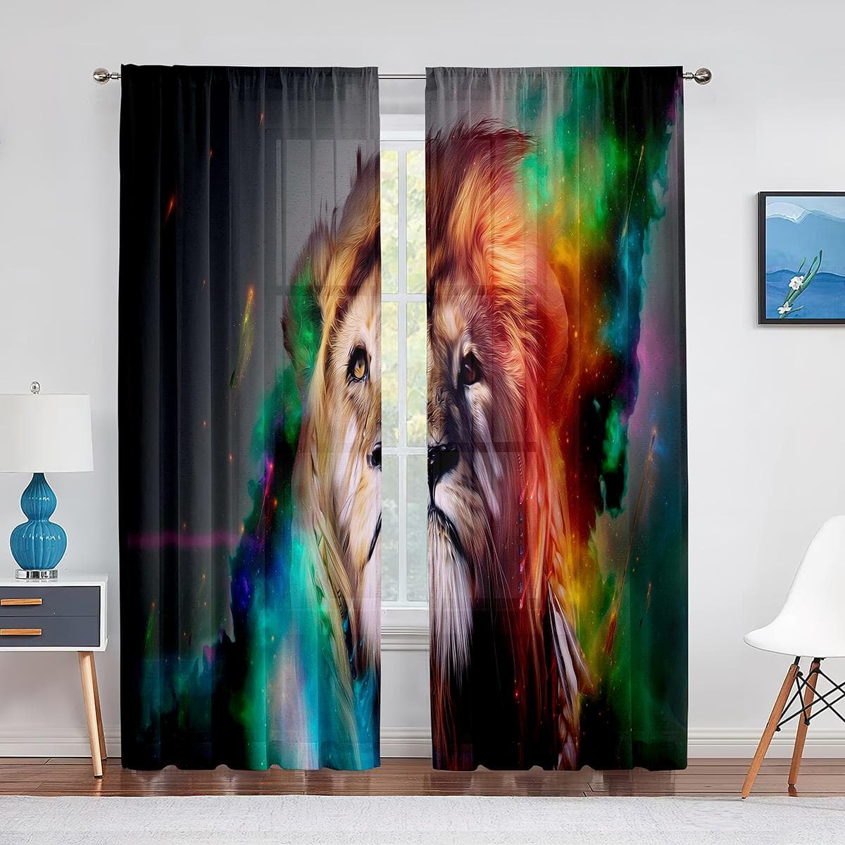 Lion Majestic Wildlife King Chiffon Sheer Curtains for Living Room Bedroom Home Decoration Window Voiles Tulle Curtain Drapes 1 PCS W100XH250cm&Grommet Top