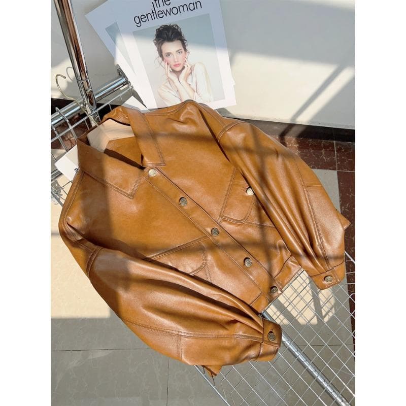 Genuine Sheepskin Jacket Women's Loose Genuine Leather Short Jacket Spring and Autumn New Lapel Big Pocket 2XL