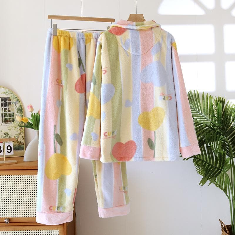 Coral Fleece Pajamas for Women's Autumn and Winter Warm Long Sleeved Long Pants Zipper Set Korean Version Flannel Home Clothes XL