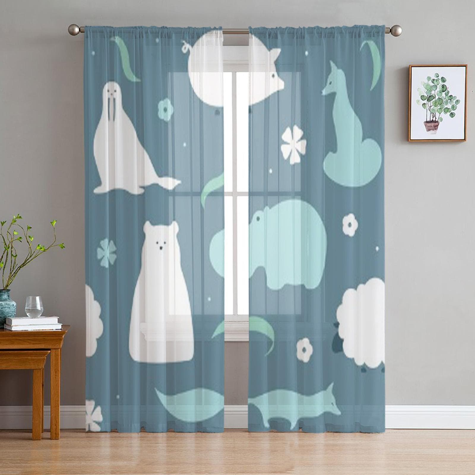 Animals Cartoon Design Tulle Sheer Curtains for Living Room the Room Bedroom Kitchen Decoration Voile Organza Curtains 135W x 114H(cm)