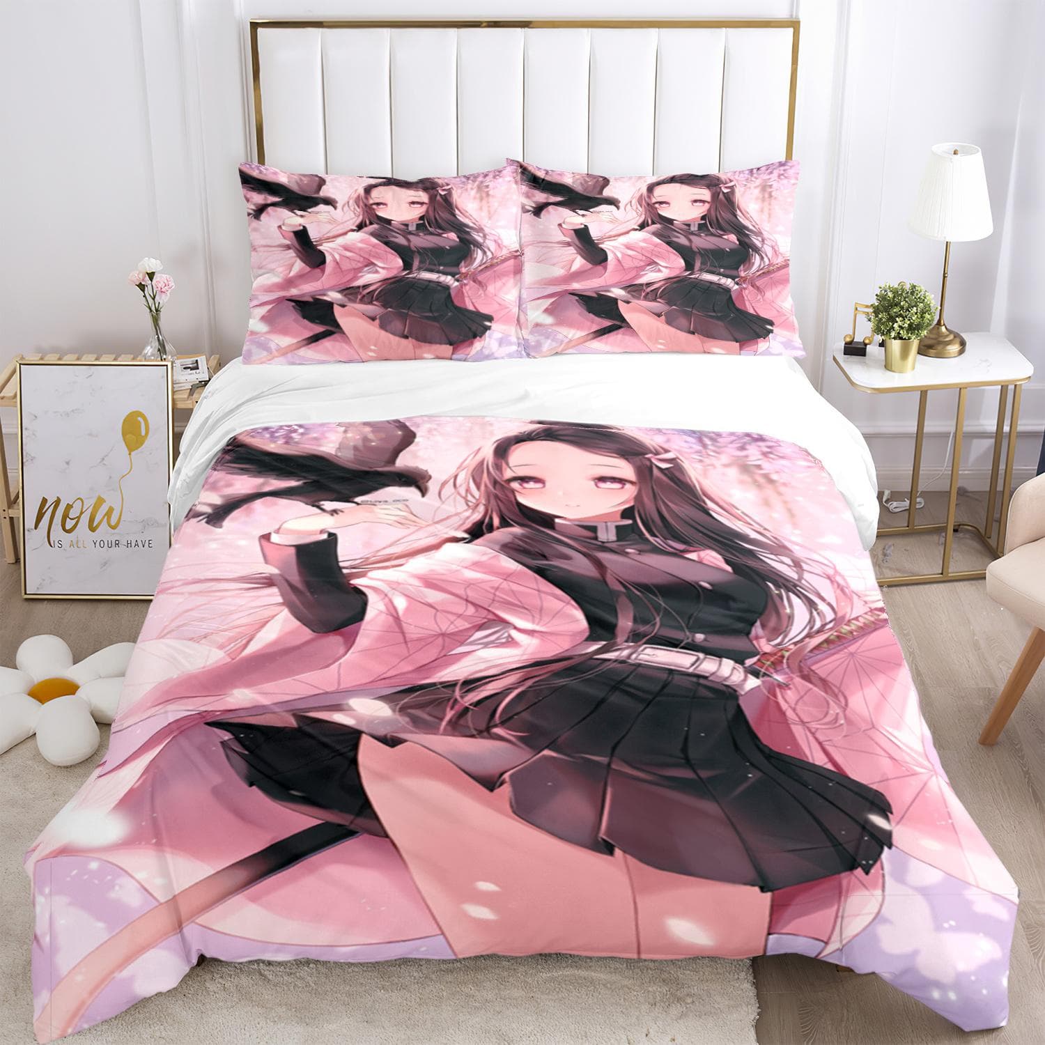 Anime Demon Slayer Print Bedding Set 2/3pieces Nezuko Bed Linen Queen Double Single King Size Duvet Cover Set Kids Adults Gift Eu Twin 135x200cm