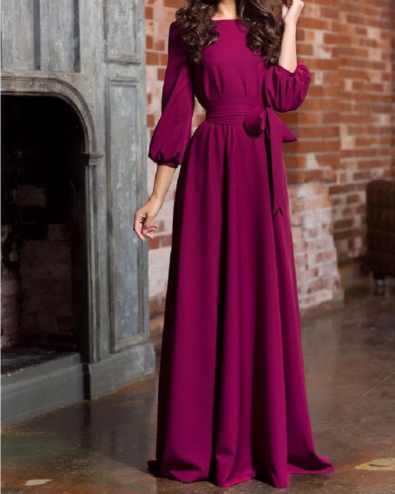Bohemian Summer Long Dress with Retro Lantern Sleeves S purple