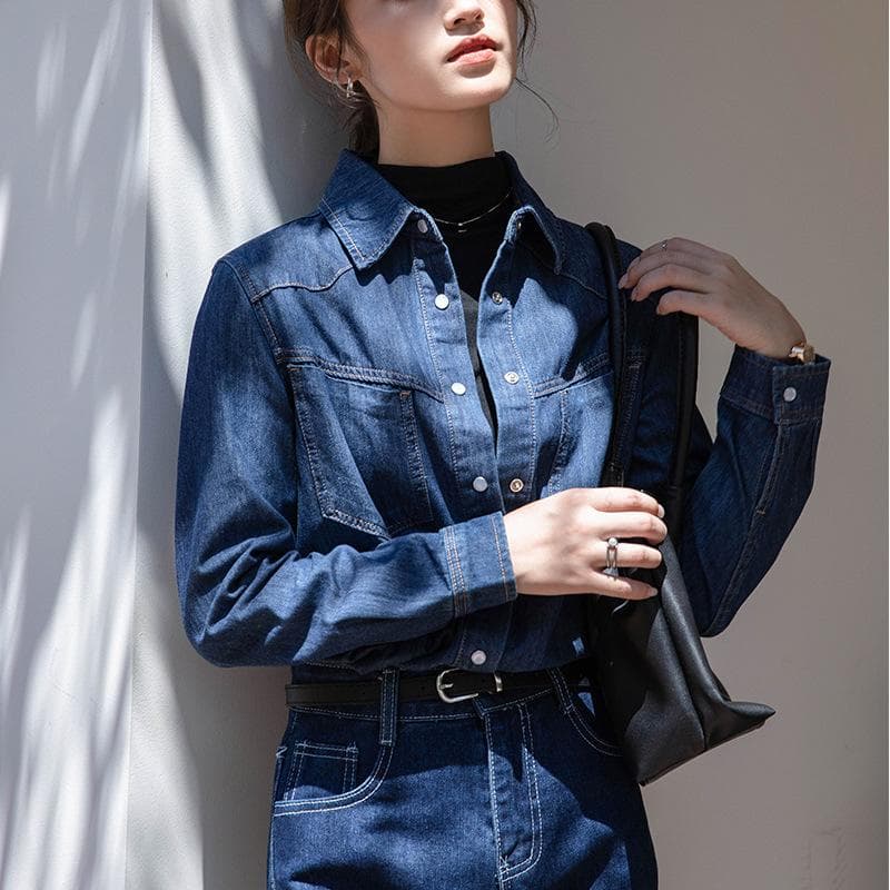 French Retro Blue Denim Shirt for Women In Autumn and Winter Design Niche Layered Inner Shirt Versatile Commuter Top M