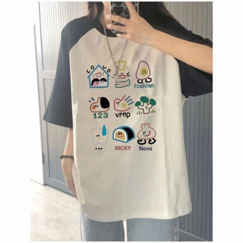 Pure Cotton Rag-shoulder Short-sleeved T-shirt Women's Summer Large-size Fun and Fashionable Printed Contrasting Casual Top XXXL