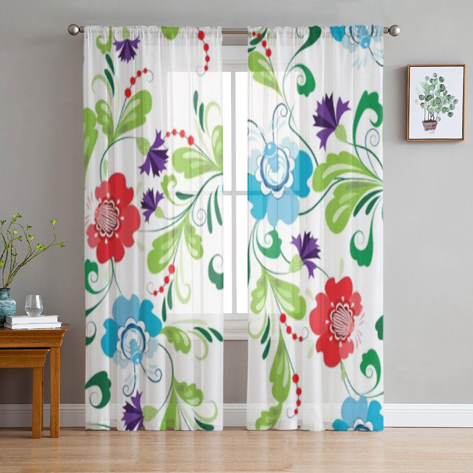 Abstract Floral Flower Sheer Curtain For Living Room Bedroom Voile Curtains For Window Organza Curtains Party Tulle Drapes 135W x 114H(cm)