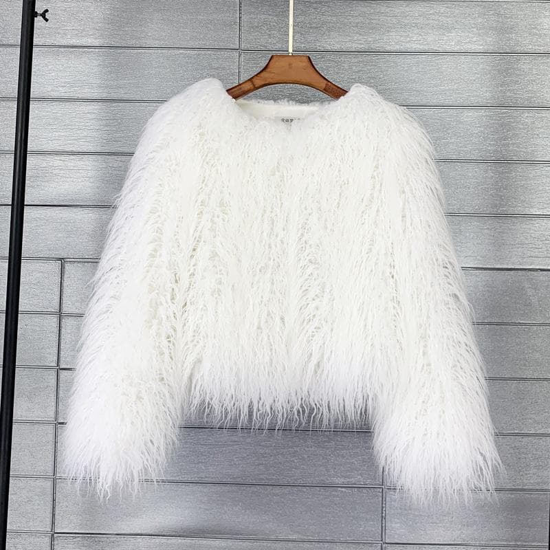 16 Color Women's Fur Coat Colorful Fluffy Pink Lamb Fur Faux Fur Coat Sheepskin Coat Winter Faux Fur Coat 2XL white