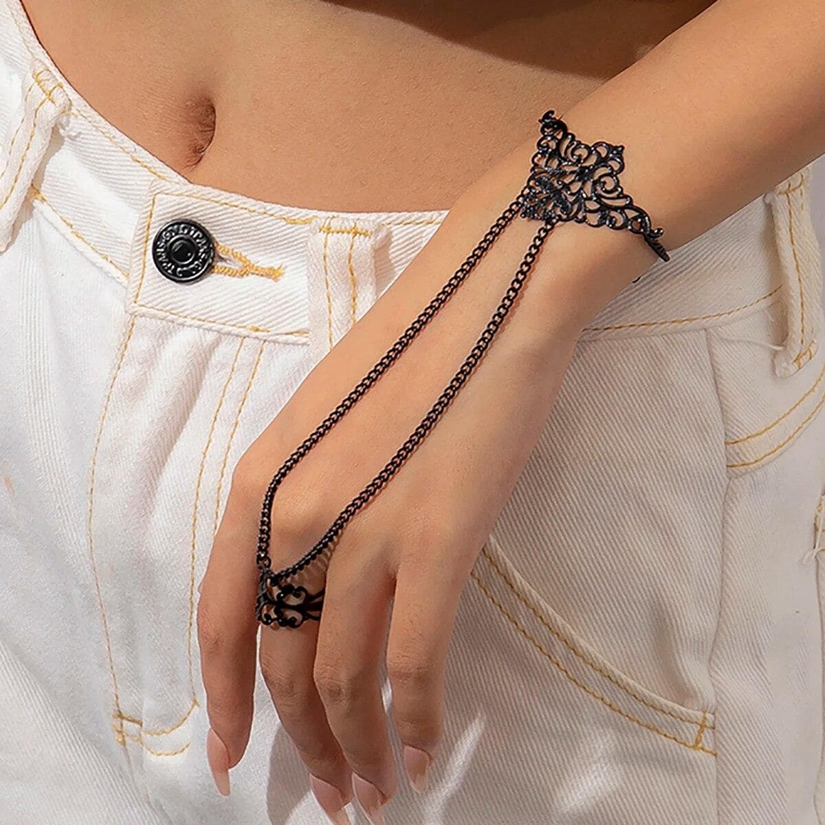 Salircon Punk Geometric Cutout Pattern Black Chain Wrist Bracelet Ring For Women Gothic Dark Halloween Bracelet Festive Jewelry black
