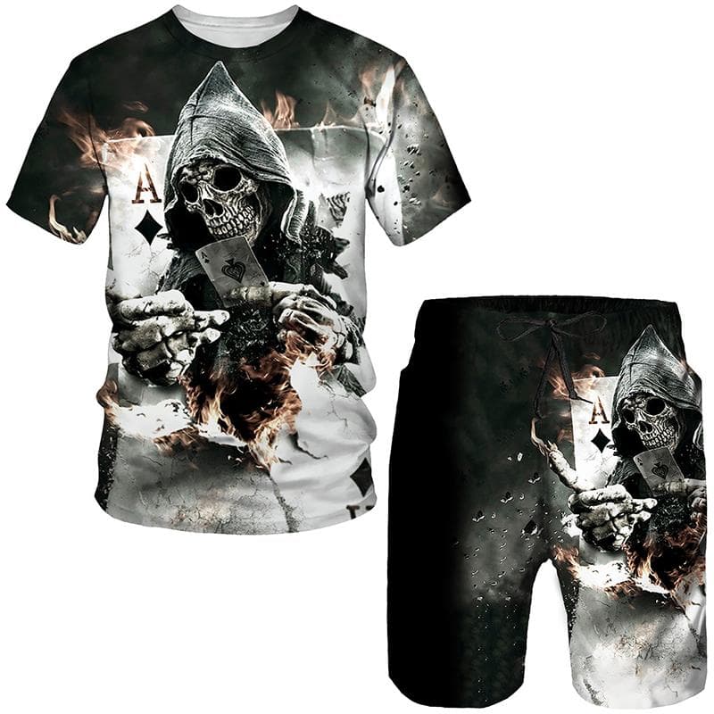 Novelty Gothic Skull 3D Print Tee/Suit Summer Men's Cool Punk Style T-Shirts+Shorts Set Personality Hip Hop Streetwear Tracksuit 6XL