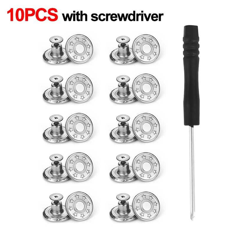 10Pcs Metal Jeans Buttons 17mm Replacement No-Sewing Screw Button Repair Kit Nailless Removable Jean Buckles Clothing Pants Pins E with Screwdriver