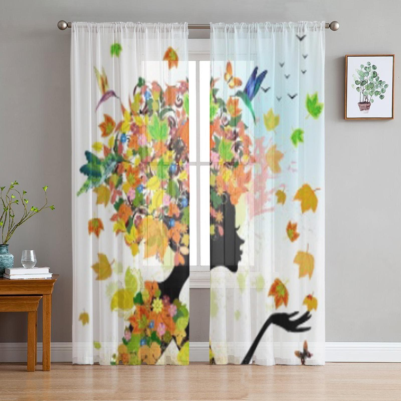 Girl Fashion Flowers In Autumn Tulle Curtains For Living Room Sheer Curtain Bedroom Veil Organza Decorative Window Treatments 135W x 114H(cm)