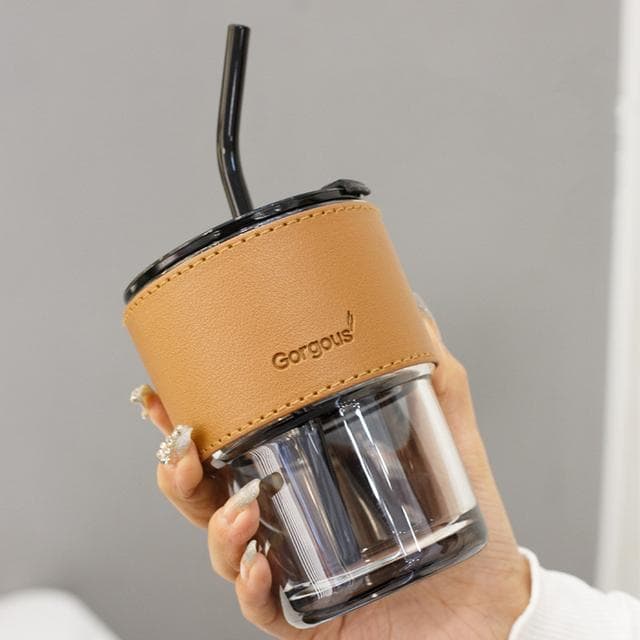 Ins Style Coffee Cup Glass Mug Cups with Lids and Straws Leak-proof Kawaii Cup Beautiful Tea Mugs Leather Cup SleeveTableware