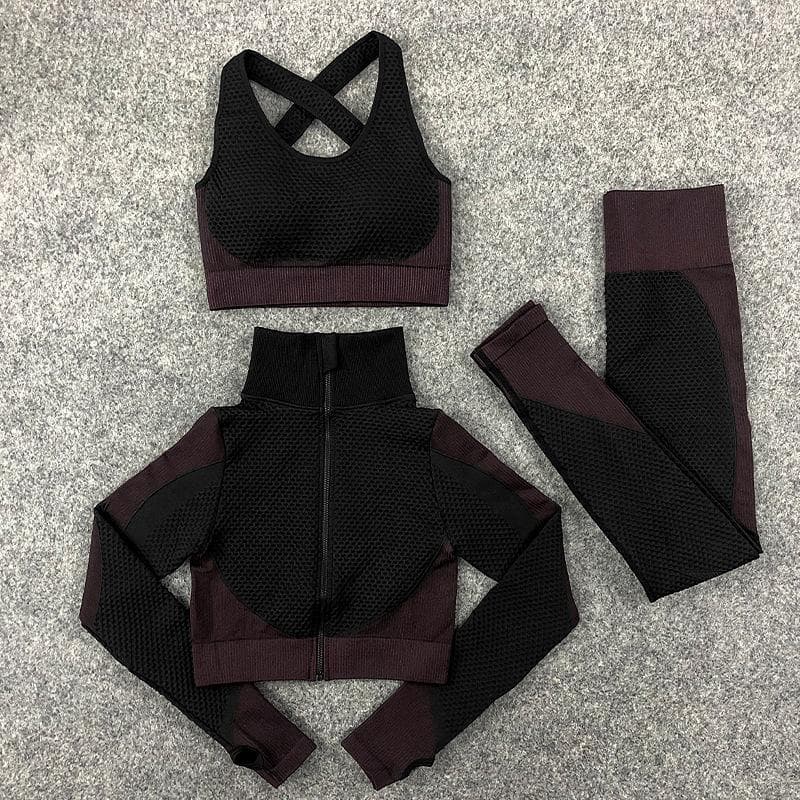 3PCS Seamless Women Yoga Set Workout Sportswear Gym Clothing Fitness Long Sleeve Crop Top High Waist Leggings Sports Suits S