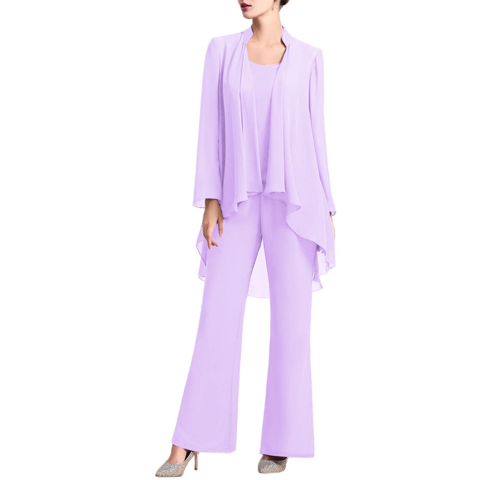 Womens Elegant Chiffon Party Suit 3-Piece Outfits Tank Top Long Sleeve Open Front Cardigan and Long Pants Set S lavender