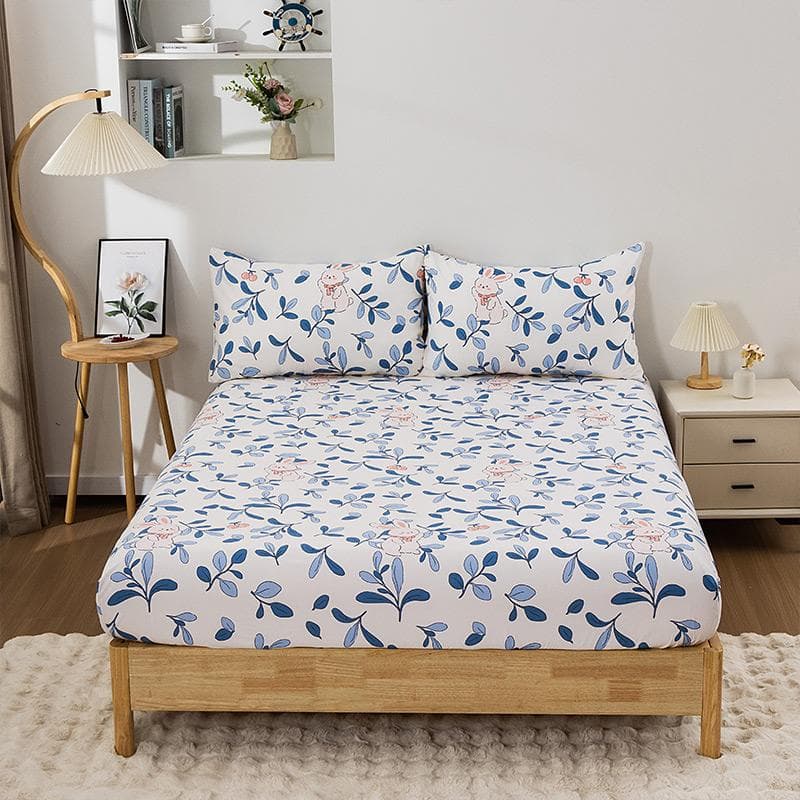 3Pc Blue Leaf Rabbit Bed Sheet Kawaii Cartoon Pattern 1Fitted Sheet 2Pillowcase 100%Polyester Mattress Cover (No Pillowcase) 99x190CM 3PC