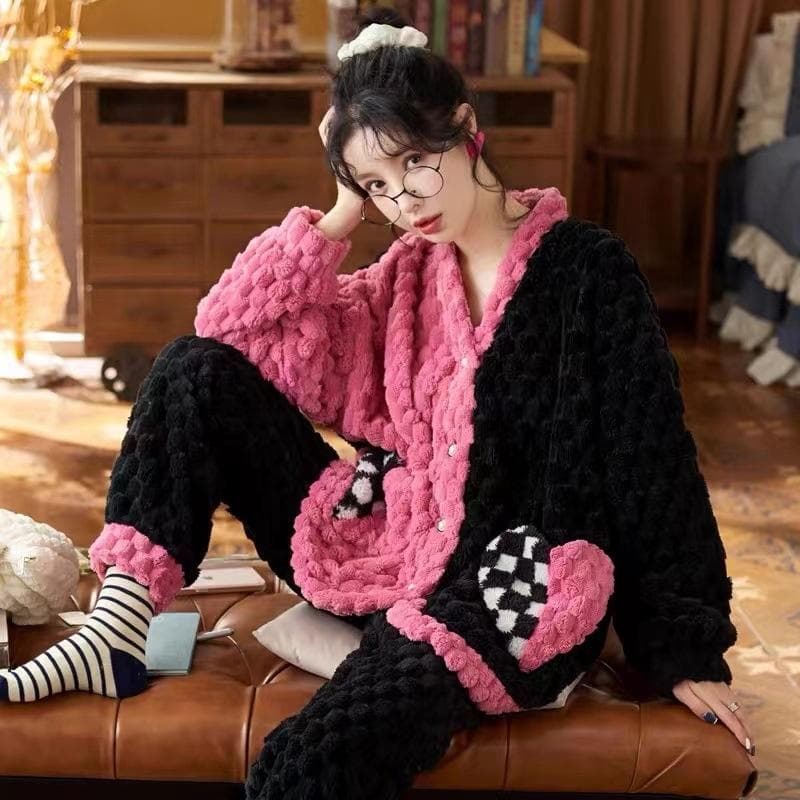 Pajamas for Women Autumn and Winter Coral Velvet Thickened Plus Velvet Cute New Flannel Suit Home Clothes 2XL