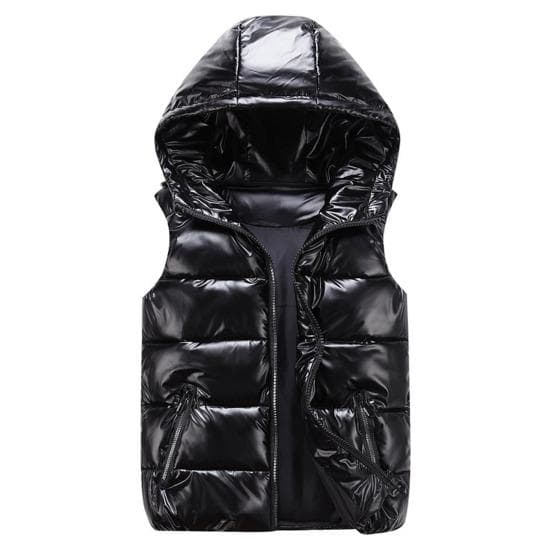 Women Winter Vest Solid Color Hooded Warm Elastic Hem Pockets Bright Color Quilted Vest Waistcoat L black