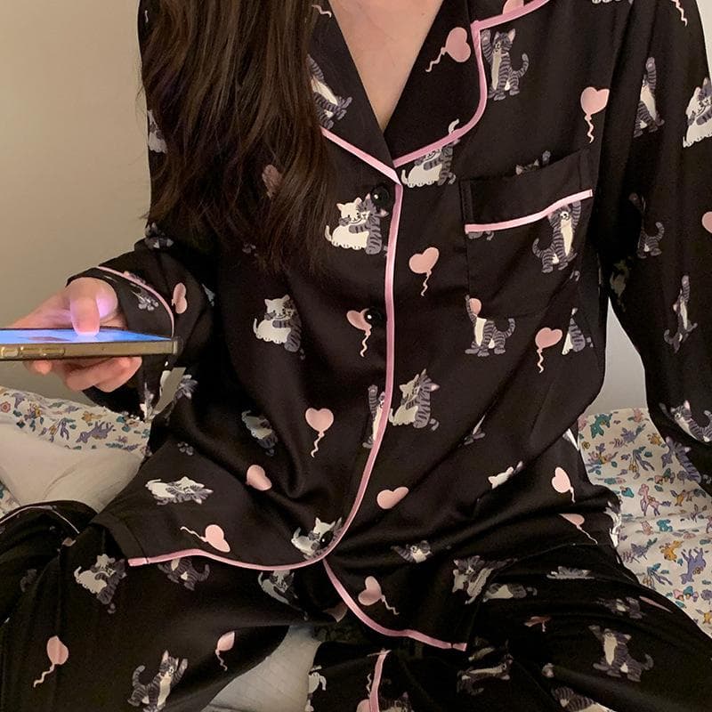 Ice Silk Pajamas Women's Spring and Autumn Thin Large Size Outerwear Summer Homewear Set XL black