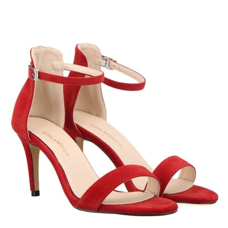 Ladies Womens Suede Mid High Heel Sandal Peep Toe Summer Casual Ankle Strap Shoes shoe 42 red