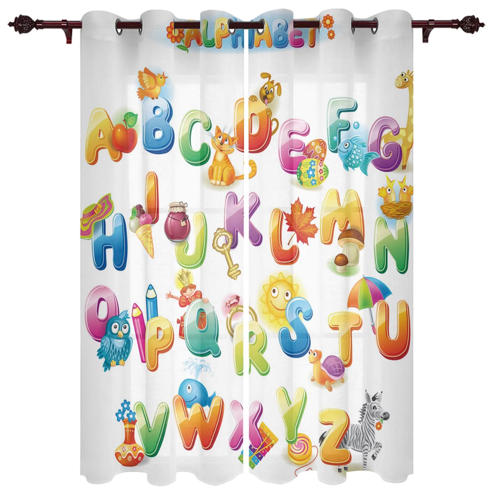 Modern Window Curtains for Living Room Cartoon Children English Alphabet Curtains for Child Bedroom Kitchen Decor Blinds Drapes 135W x 60H(cm) x1