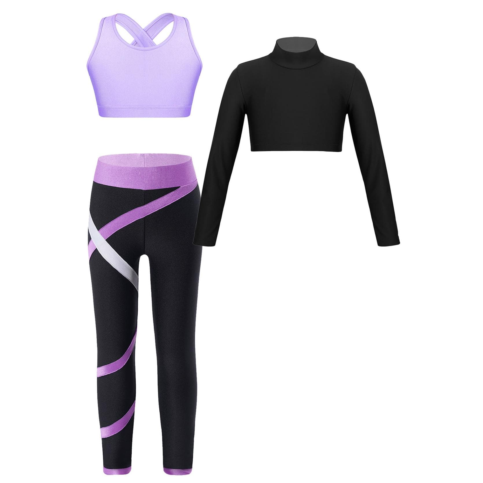 Kids Girls Sports Dance Gymnastics Crop Top with Athletic Leggings Set 3 Piece Gym Yoga Workout Outfits 7-8 Years lavender