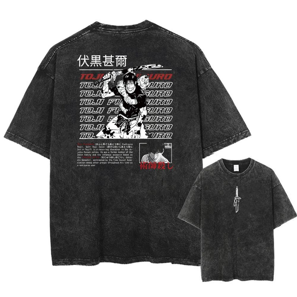 Men Streetwear Washed Acid Oversized T Shirt Japanese Anime Retro Worn Graphic Print T-Shirt Short Sleeve Tees S