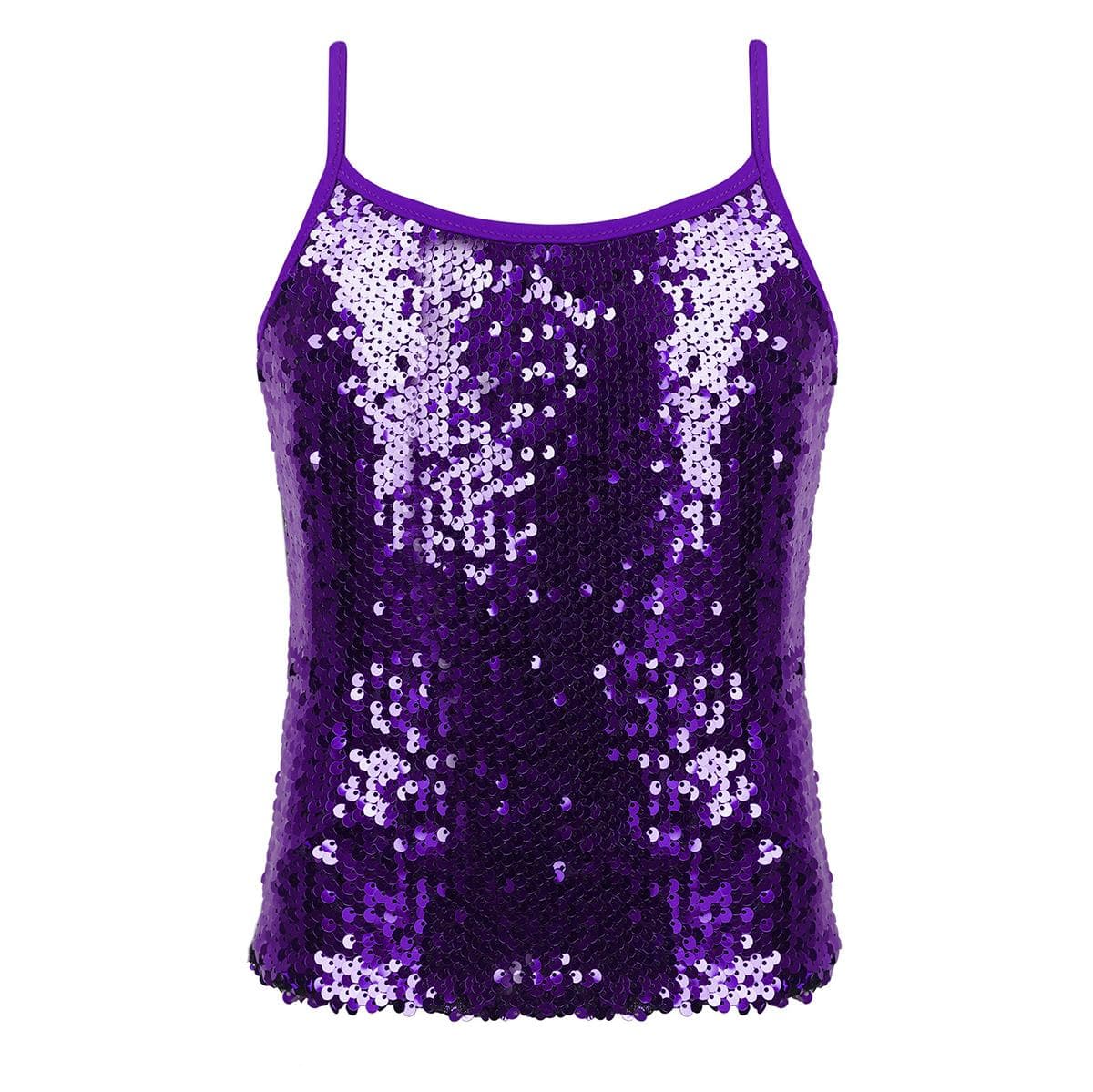 Kids Girls Shiny Sequins Camisole Tank Top for Jazz Modern Dance Competition Spaghetti Straps Vest 5-6 Years purple