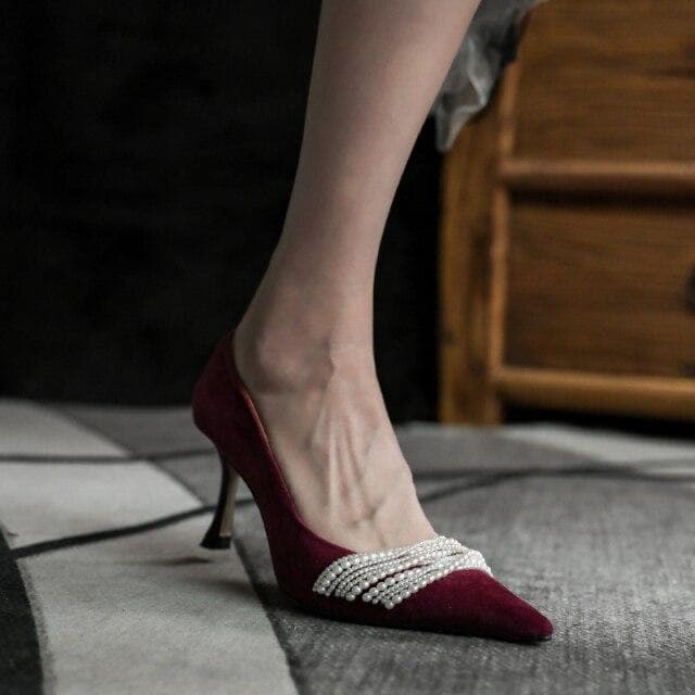 Beading Design Elegant High Heals New Arrival Fashion Wedding Shoes Women Temperament Stylish Pumps 36 wine red