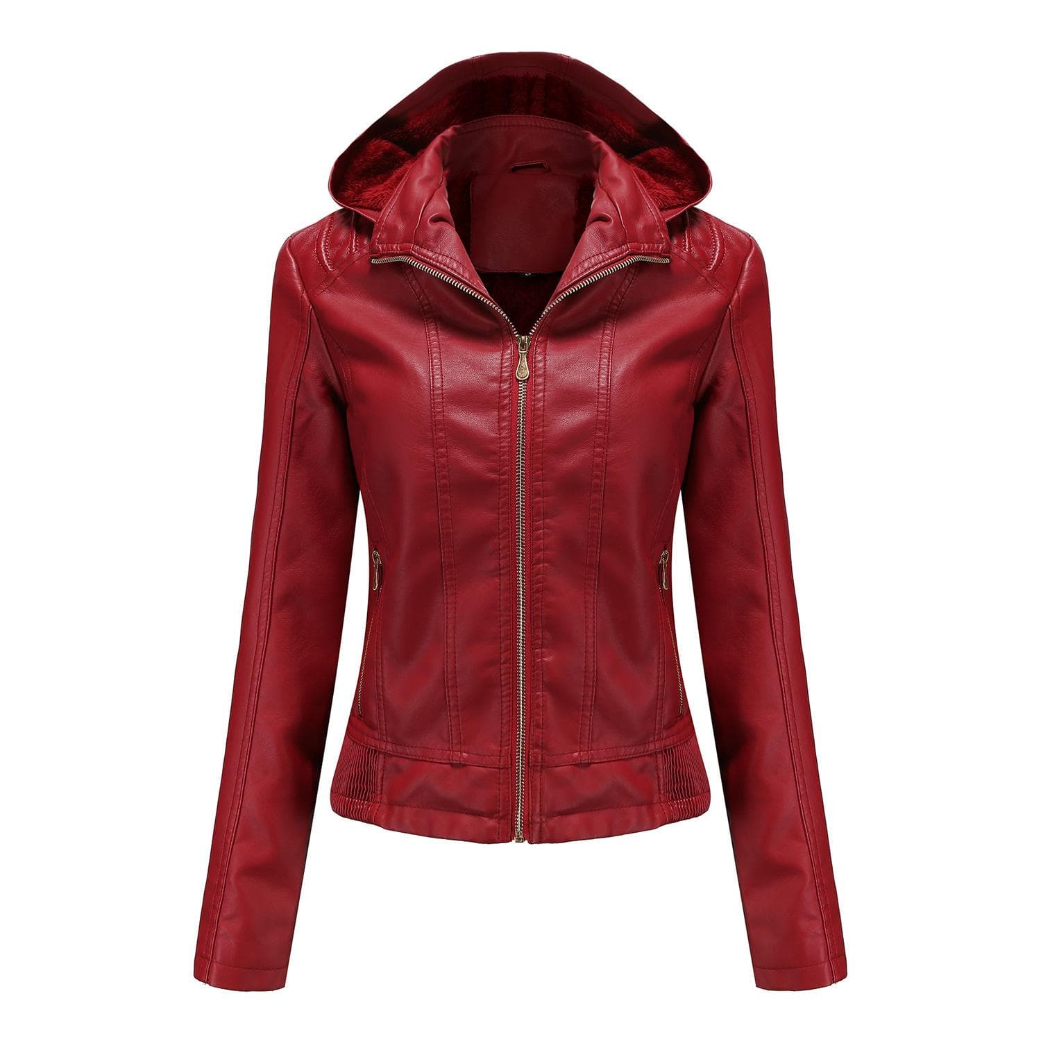 Autumn and Winter Hooded Leather Jacket Women's Removable Hat Zipper Long Sleeve Fleece Leather Jacket Slim Jacket XXXL