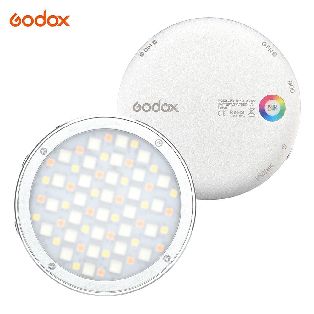 Godox R1 Round RGB Mini Creative Light LED Video Light Fill Light 2500K-8500K CRI 98 for Video silver