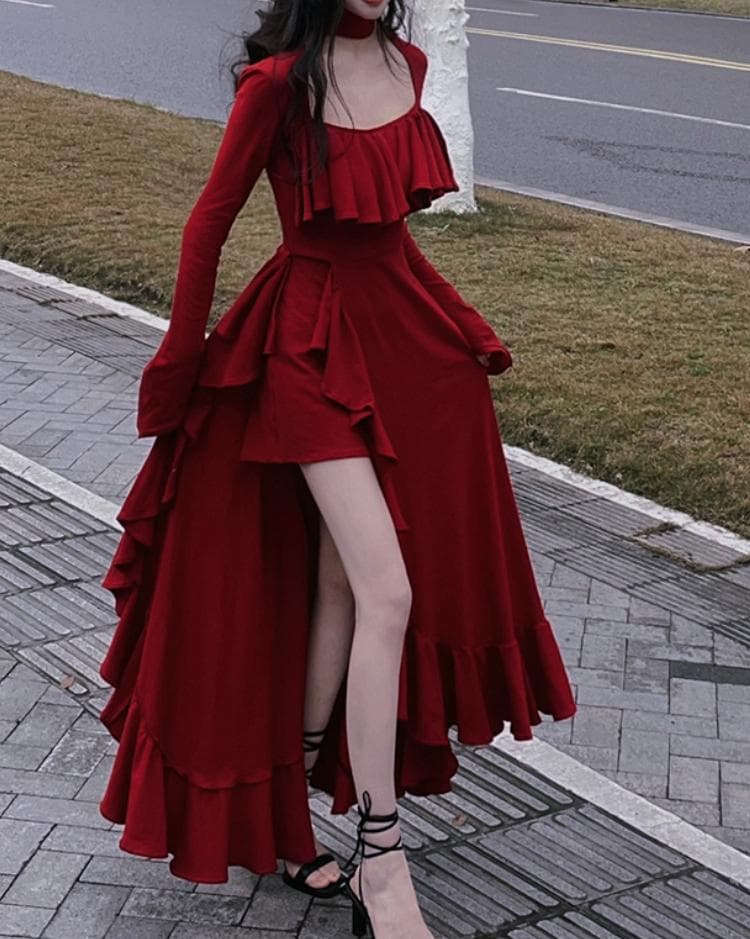Autumn Red Vintage Elegant Dress Women Flare Sleeve Designer Sweet Long Dress Female Ruffles Retro Princess Irregular Dress S red