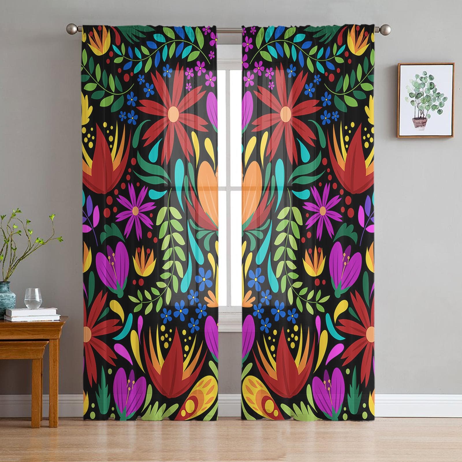 Mexico Geometric Abstract Flower Voile Sheer Curtains Living Room Window Chiffon Tulle Curtain Kitchen Bedroom Drapes Home Decor 135W x 114H(cm)