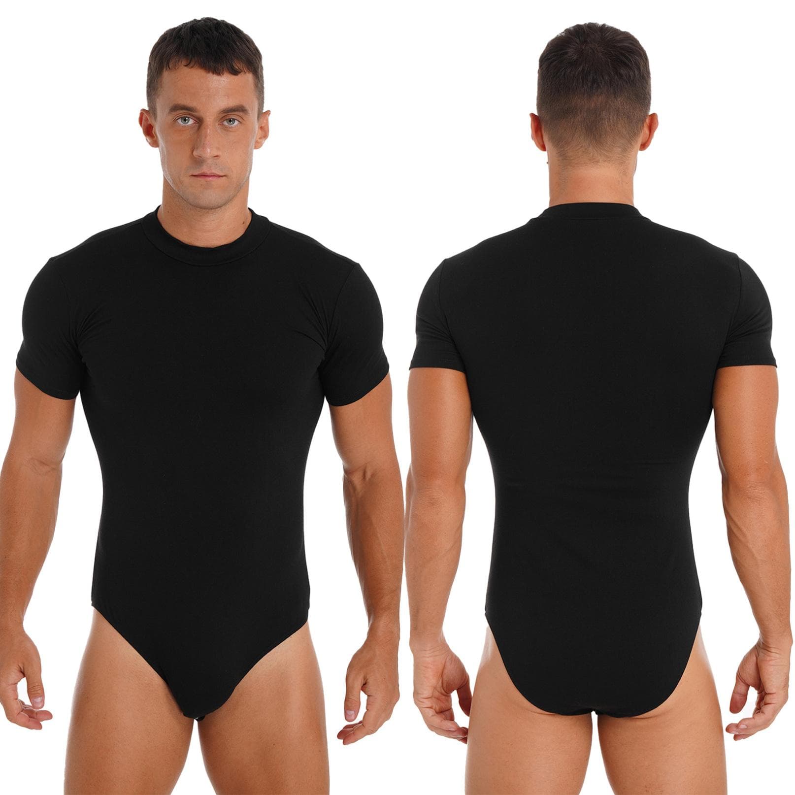 Men's Jumpsuit Short Sleeve Bodysuit Cotton Men's Sports Leotard Crew Neck Tops T-Shirt M-XXL XXL black