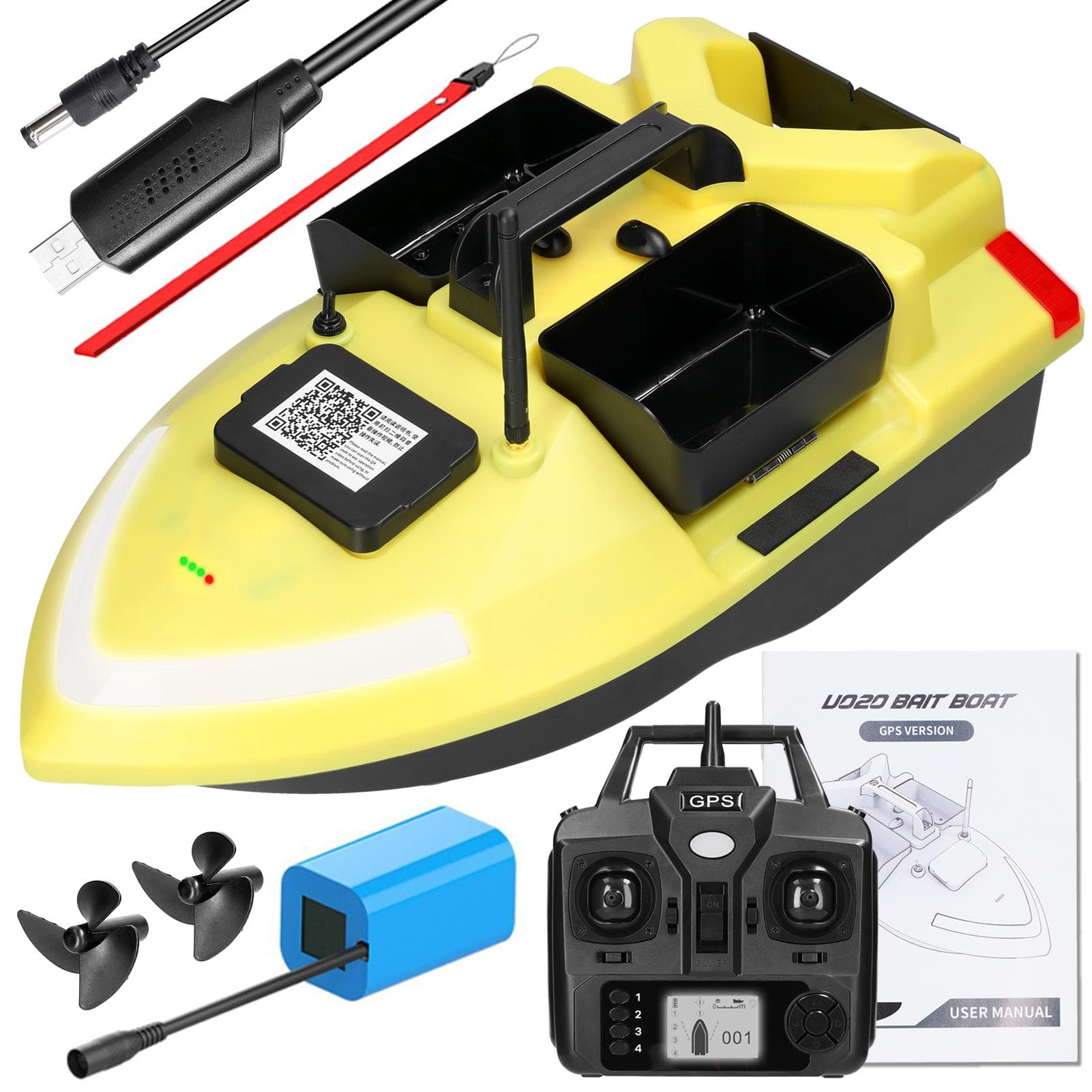 GPS Fishing Bait Boat 500m Remote Control Bait Boat Dual Motor Fish Finder 2KG Loading Support 5200mAh yellow