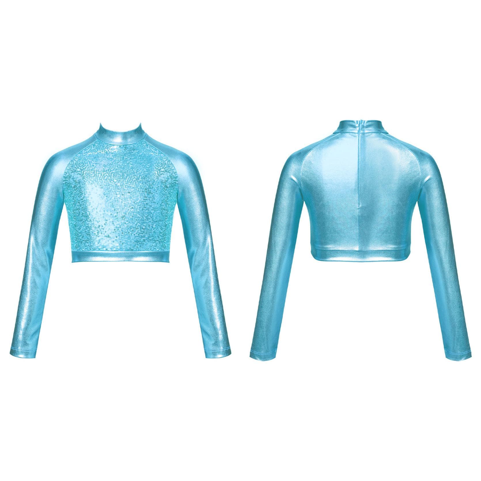Kids Girls High Neck Glitter Crop Top Metallic Long Sleeve T-Shirt Ballet Dance Leotard Gymnastics Performance 7-8 Years turquoise