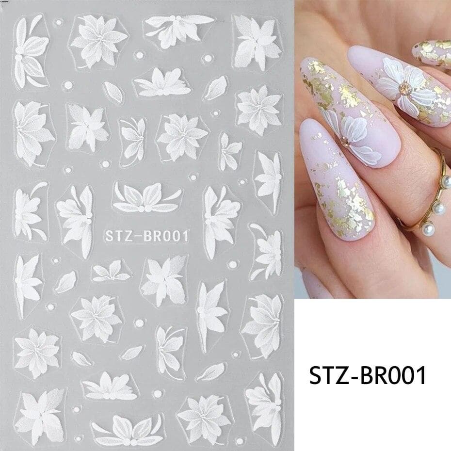Flowers Nails Art Stickers White Floral Petal Leaf Sliders For Nails Wedding Design DIY Manicure Decoration STZ-BR01