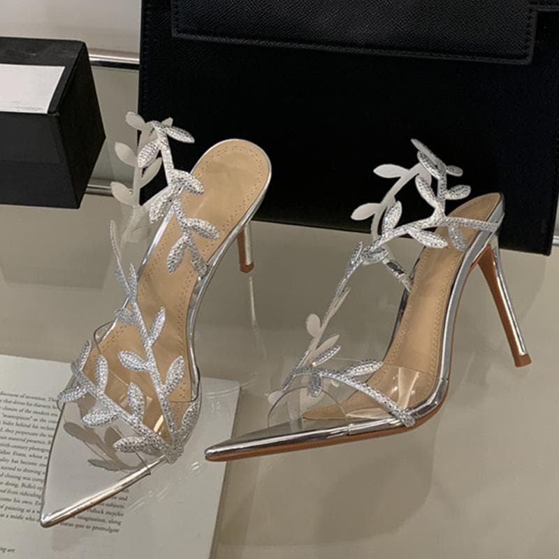 Liyke Summer Fashion Crystal Rhinestone Gold Leaf Women Sandals Elegant Pointed Open toe Thin High Heels Party Dress Shoes 35 silver