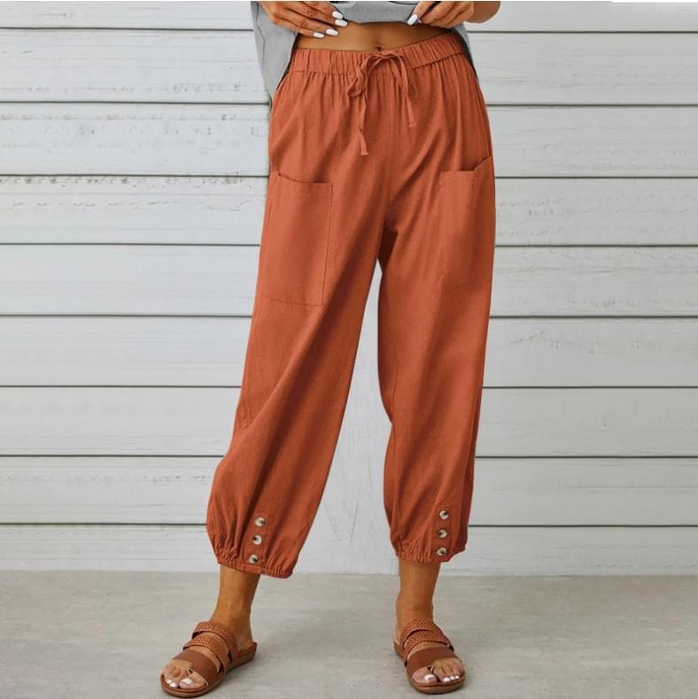 Summer Women's Pants Loose High Waist Button Cotton Linen Pants Nine-point Pants Wide Leg Pants M brick red