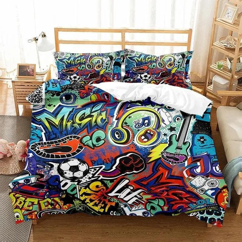 Hippie Graffiti Duvet Cover Set King Queen Size for Boys Youth Polyester Comforter Cover Modern Street Art Bedspread Cover EU Single 135x200cm