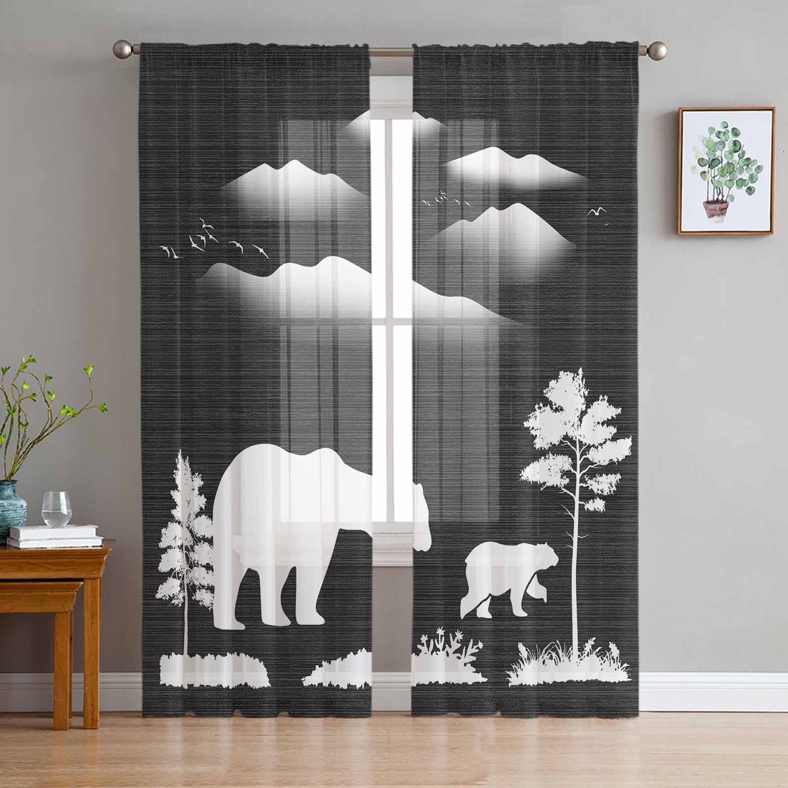Bear Forest Silhouette Bird Animal Natural Black Window Tulle Curtains for Living Room Hotel Luxury Decoration Sheer Curtains 135W x 114H(cm)