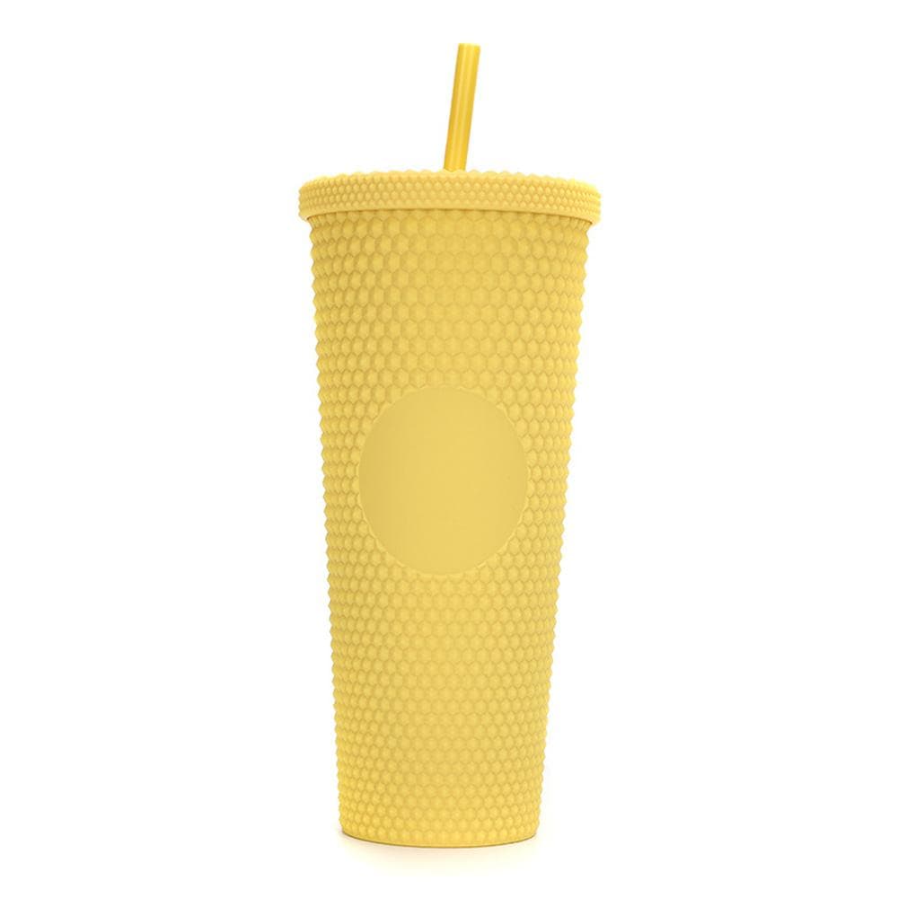 710ML/24OZ Large Capacity Water Cup Fully Studded Matte Tumbler Reusable Plastic Cup with Wide Opening Leak-Proof Lid Straw yellow