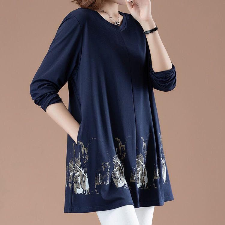 Middle-aged Mother Spring and Autumn Big Yards In The Long Section of Loose Women's Shirts, Shading Belly Bottoming Shirt, Fat Women's Outwear Tops 6XL [Recommended 201-110 kg] dark blue