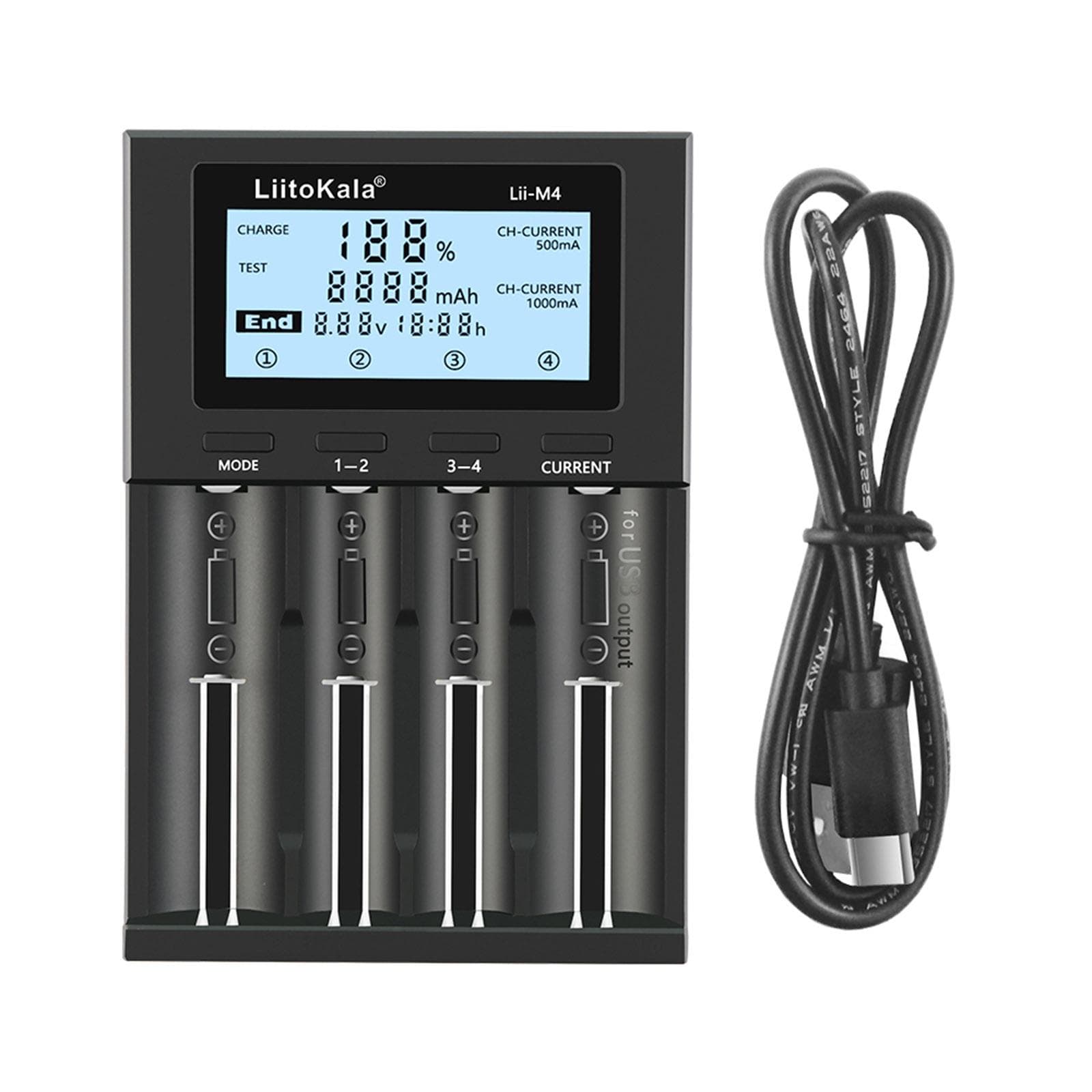 LIITOKALA LII-M4 4 Slots Battery Charger with LCD Display for 18650 26650 14500 AA AAA Lithium NiMH black