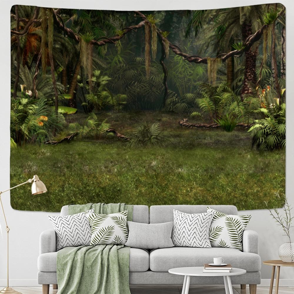 Tropical Green Forest Landscape Tapestry Wall Hanging Psychedelic Witchcraft Mysterious Natural Scenery Aesthetic Room Decor 95x70CM