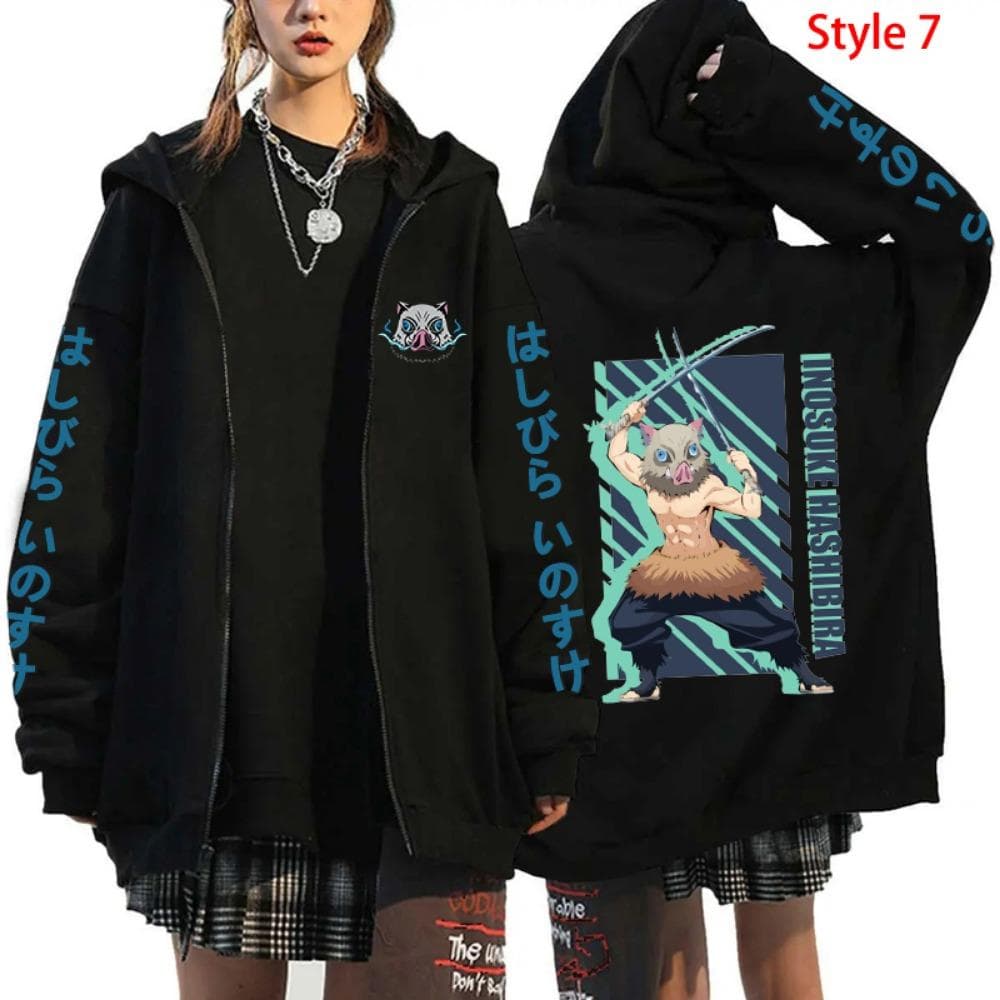 Hot Anime Hashibira Inosuke Printing Zipper Hoodies Women Men Fashion Y2k Personality Zipper Long Sleeve Hooded Sweatshirt M